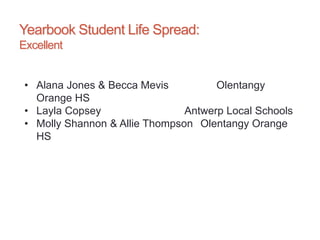Yearbook Student Life Spread:
Excellent
• Alana Jones & Becca Mevis Olentangy
Orange HS
• Layla Copsey Antwerp Local Schools
• Molly Shannon & Allie Thompson Olentangy Orange
HS
 
