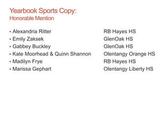 Yearbook Sports Copy:
Honorable Mention
• Alexandria Ritter RB Hayes HS
• Emily Zaksek GlenOak HS
• Gabbey Buckley GlenOak HS
• Kate Moorhead & Quinn Shannon Olentangy Orange HS
• Madilyn Frye RB Hayes HS
• Marissa Gephart Olentangy Liberty HS
 