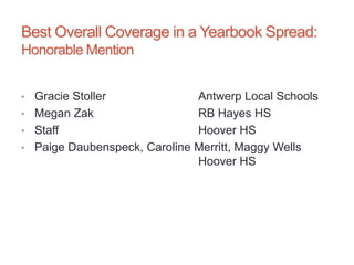 Best Overall Coverage in a Yearbook Spread:
Honorable Mention
• Gracie Stoller Antwerp Local Schools
• Megan Zak RB Hayes HS
• Staff Hoover HS
• Paige Daubenspeck, Caroline Merritt, Maggy Wells
Hoover HS
 