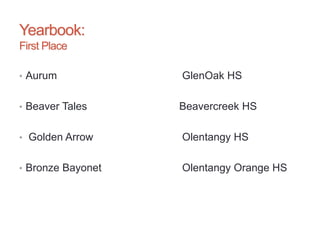 Yearbook:
First Place
• Aurum GlenOak HS
• Beaver Tales Beavercreek HS
• Golden Arrow Olentangy HS
• Bronze Bayonet Olentangy Orange HS
 