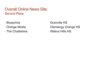 Overall Online News Site:
Second Place
• Blueprints Granville HS
• Orange Media Olentangy Orange HS
• The Chatterbox Walnut Hills HS
 
