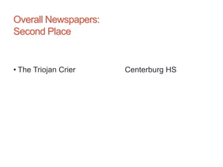 Overall Newspapers:
Second Place
• The Triojan Crier Centerburg HS
 