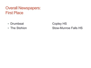 Overall Newspapers:
First Place
 Drumbeat Copley HS
 The Stohion Stow-Munroe Falls HS
 