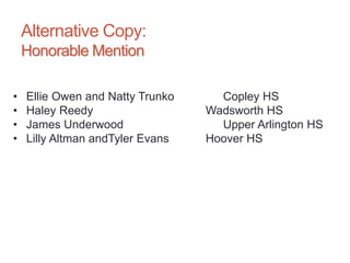 Alternative Copy:
Honorable Mention
• Ellie Owen and Natty Trunko Copley HS
• Haley Reedy Wadsworth HS
• James Underwood Upper Arlington HS
• Lilly Altman andTyler Evans Hoover HS
 