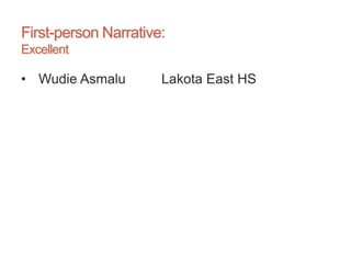 First-person Narrative:
Excellent
• Wudie Asmalu Lakota East HS
 