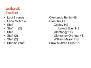 Editorial:
Excellent
• Laci Strouse Olentangy Berlin HS
• Leon McArdle GlenOak HS
• Staff Copley HS
• Staff (2) Lakota East HS
• Staff Olentangy HS
• Staff (2) Olentangy Orange HS
• Staff (2) William Mason HS
• Stohion Staff Stow-Munroe Falls HS
 