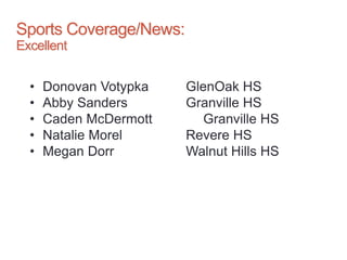 Sports Coverage/News:
Excellent
• Donovan Votypka GlenOak HS
• Abby Sanders Granville HS
• Caden McDermott Granville HS
• Natalie Morel Revere HS
• Megan Dorr Walnut Hills HS
 