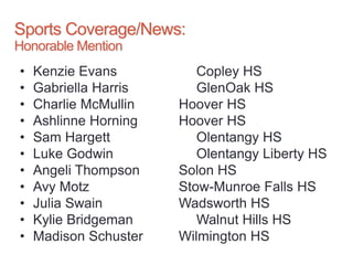 Sports Coverage/News:
Honorable Mention
• Kenzie Evans Copley HS
• Gabriella Harris GlenOak HS
• Charlie McMullin Hoover HS
• Ashlinne Horning Hoover HS
• Sam Hargett Olentangy HS
• Luke Godwin Olentangy Liberty HS
• Angeli Thompson Solon HS
• Avy Motz Stow-Munroe Falls HS
• Julia Swain Wadsworth HS
• Kylie Bridgeman Walnut Hills HS
• Madison Schuster Wilmington HS
 
