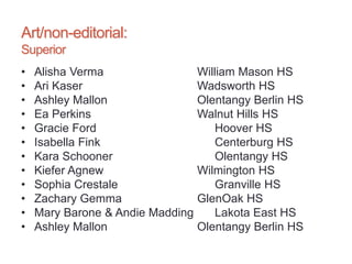 Art/non-editorial:
Superior
• Alisha Verma William Mason HS
• Ari Kaser Wadsworth HS
• Ashley Mallon Olentangy Berlin HS
• Ea Perkins Walnut Hills HS
• Gracie Ford Hoover HS
• Isabella Fink Centerburg HS
• Kara Schooner Olentangy HS
• Kiefer Agnew Wilmington HS
• Sophia Crestale Granville HS
• Zachary Gemma GlenOak HS
• Mary Barone & Andie Madding Lakota East HS
• Ashley Mallon Olentangy Berlin HS
 