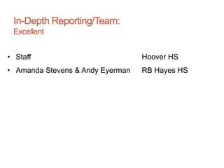 In-Depth Reporting/Team:
Excellent
• Staff Hoover HS
• Amanda Stevens & Andy Eyerman RB Hayes HS
 