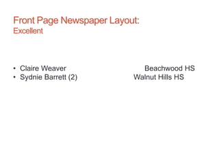 Front Page Newspaper Layout:
Excellent
• Claire Weaver Beachwood HS
• Sydnie Barrett (2) Walnut Hills HS
 