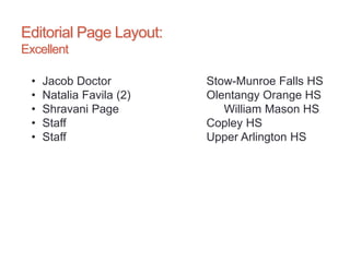 Editorial Page Layout:
Excellent
• Jacob Doctor Stow-Munroe Falls HS
• Natalia Favila (2) Olentangy Orange HS
• Shravani Page William Mason HS
• Staff Copley HS
• Staff Upper Arlington HS
 