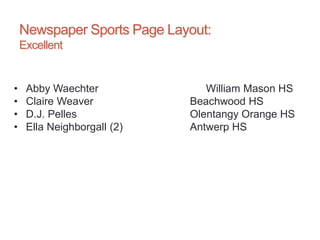 Newspaper Sports Page Layout:
Excellent
• Abby Waechter William Mason HS
• Claire Weaver Beachwood HS
• D.J. Pelles Olentangy Orange HS
• Ella Neighborgall (2) Antwerp HS
 
