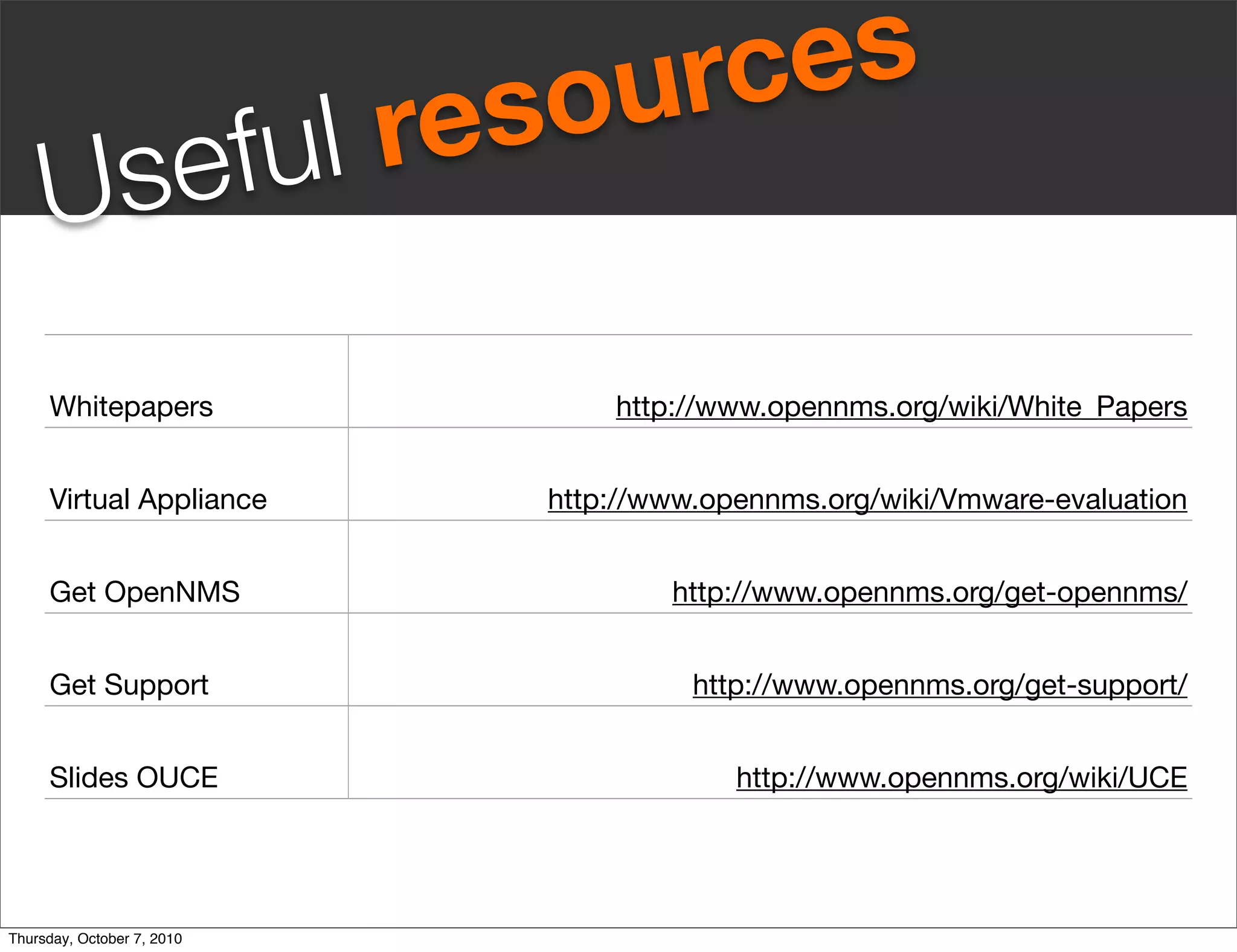 s ou rc es
     U sefu l re

     Whitepapers                 http://www.opennms.org/wiki/White_Papers


     Virtual Appliance       http://www.opennms.org/wiki/Vmware-evaluation


     Get OpenNMS                     http://www.opennms.org/get-opennms/


     Get Support                       http://www.opennms.org/get-support/


     Slides OUCE                          http://www.opennms.org/wiki/UCE




Thursday, October 7, 2010
 