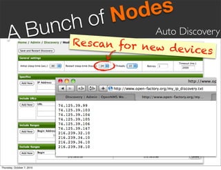 fN odes
       Bunc                 ho
     A                      Rescan for ne
                                         Auto Discovery
                                         w devices




Thursday, October 7, 2010
 