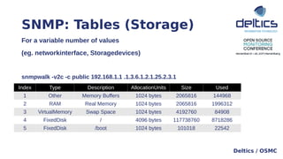 SNMP: Tables (Storage)
Deltics / OSMC
For a variable number of values
(eg. networkinterface, Storagedevices)
snmpwalk -v2c...