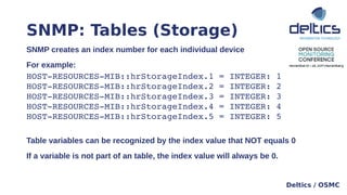 SNMP: Tables (Storage)
Deltics / OSMC
SNMP creates an index number for each individual device
For example:
HOST-RESOURCES-...