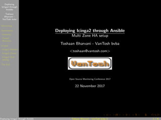 Deploying
Icinga2 through
Ansible
Toshaan
Bharvani -
VanTosh bvba
Monitoring
Automation
Inventory
Virtual
Machines
Icinga2
Icinga2 Masters
Icinga2 Clients
Icinga2 Host
adding
The End
Deploying Icinga2 through Ansible
Multi Zone HA setup
Toshaan Bharvani - VanTosh bvba
<toshaan@vantosh.com>
Open Source Monitoring Conference 2017
22 November 2017
Deploying Icinga2 through Ansible Toshaan Bharvani - VanTosh bvba () 1 / 41
 