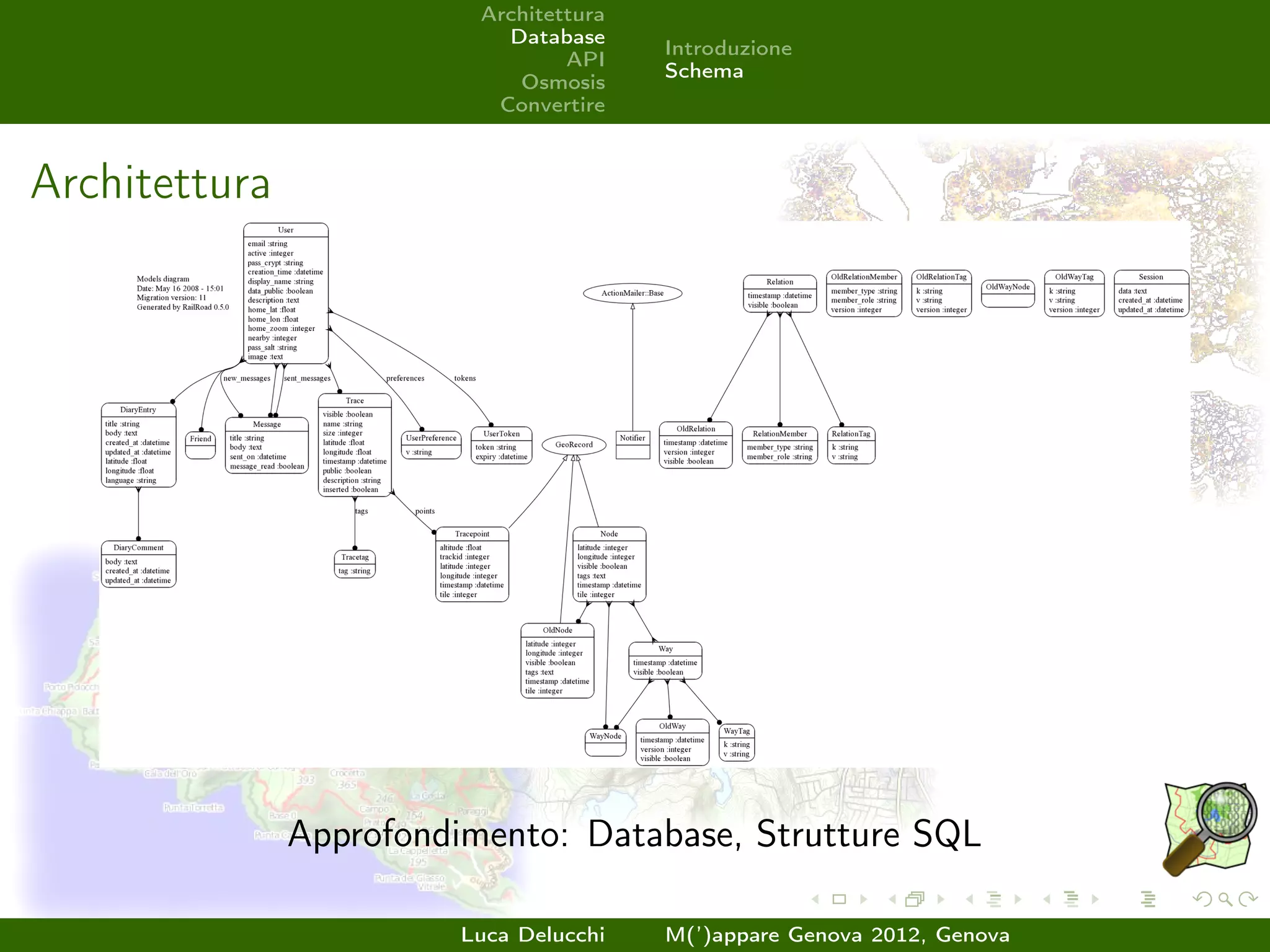 Architettura
                            Database
                                         Introduzione
                                  API
                                         Schema
                             Osmosis
                           Convertire



Architettura




               Approfondimento: Database, Strutture SQL

                        Luca Delucchi    M(’)appare Genova 2012, Genova
 
