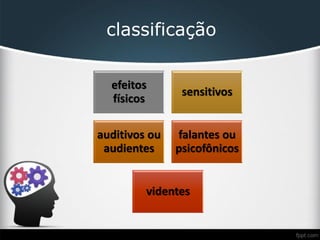 classificação
efeitos
físicos
sensitivos
auditivos ou
audientes
falantes ou
psicofônicos
videntes
 