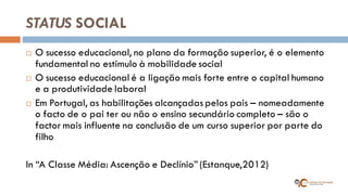 STATUS SOCIAL 
O sucesso educacional, no plano da formação superior, é o elemento fundamental no estímulo à mobilidade social 
O sucesso educacional é a ligação mais forte entre o capital humano e a produtividade laboral 
Em Portugal, as habilitações alcançadas pelos pais – nomeadamente o facto de o pai ter ou não o ensino secundário completo – são o factor mais influente na conclusão de um curso superior por parte do filho 
In “A Classe Média: Ascenção e Declínio” (Estanque,2012)  