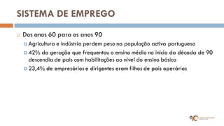SISTEMA DE EMPREGO 
Dos anos 60 para os anos 90 
Agricultura e indústria perdem peso na população activa portuguesa 
42% da geração que frequentou o ensino médio no inicio da década de 90 descendia de pais com habilitações ao nível do ensino básico 
23,4% de empresários e dirigentes eram filhos de pais operários  