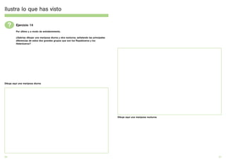 Ilustra lo que has visto

     ?   Ejercicio 14
         Por último y a modo de entretenimiento.

         ¿Sabrías dibujar una mariposa diurna y otra nocturna, señalando las principales
         diferencias de estos dos grandes grupos que son los Ropalóceros y los
         Heteróceros?




Dibuja aquí una mariposa diurna




                                                                                           Dibuja aquí una mariposa nocturna




30                                                                                                                             31
 