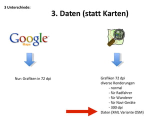 Nur: Grafiken in 72 dpi 3. Daten (statt Karten)‏ 3 Unterschiede: Grafiken 72 dpi diverse Renderungen normal für Radfahrer für Wanderer für Navi-Geräte 300 dpi Daten (XML Variante OSM)‏ 