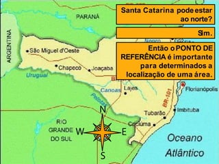 Santa Catarina podeestar
ao norte?
Então oPONTO DE
REFERÊNCIA é importante
para determinados a
localização de uma área.
Sim.
 