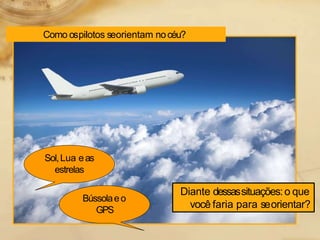 Como ospilotos seorientam nocéu?
Diante dessassituações:o que
você faria para seorientar?
Sol,Lua eas
estrelas
Bússolaeo
GPS
 
