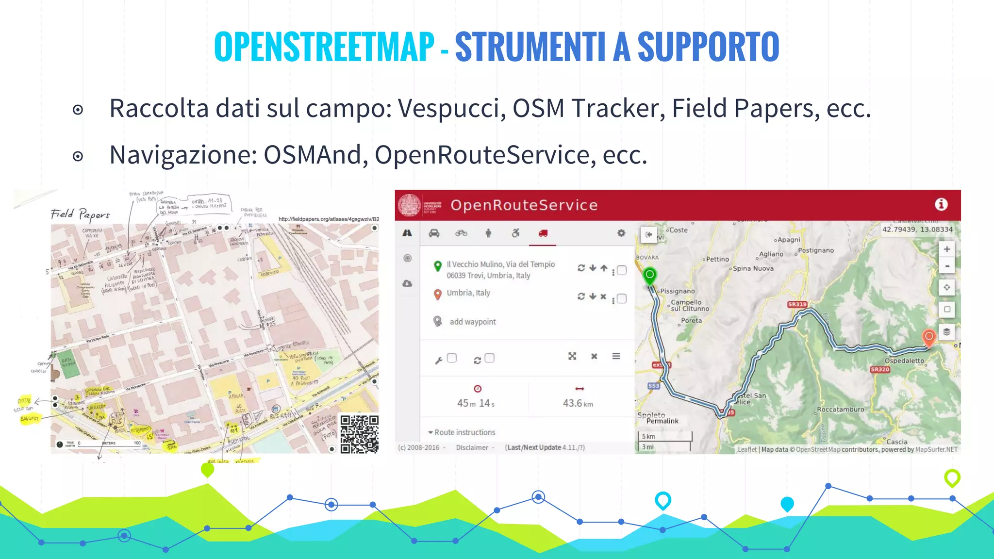 OPENSTREETMAP - STRUMENTI A SUPPORTO
◉ Raccolta dati sul campo: Vespucci, OSM Tracker, Field Papers, ecc.
◉ Navigazione: OSMAnd, OpenRouteService, ecc.
 