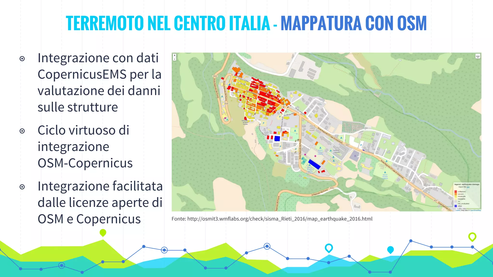 ◉ Integrazione con dati
CopernicusEMS per la
valutazione dei danni
sulle strutture
◉ Ciclo virtuoso di
integrazione
OSM-Copernicus
◉ Integrazione facilitata
dalle licenze aperte di
OSM e Copernicus
TERREMOTO NEL CENTRO ITALIA - MAPPATURA CON OSM
Fonte: http://osmit3.wmflabs.org/check/sisma_Rieti_2016/map_earthquake_2016.html
 
