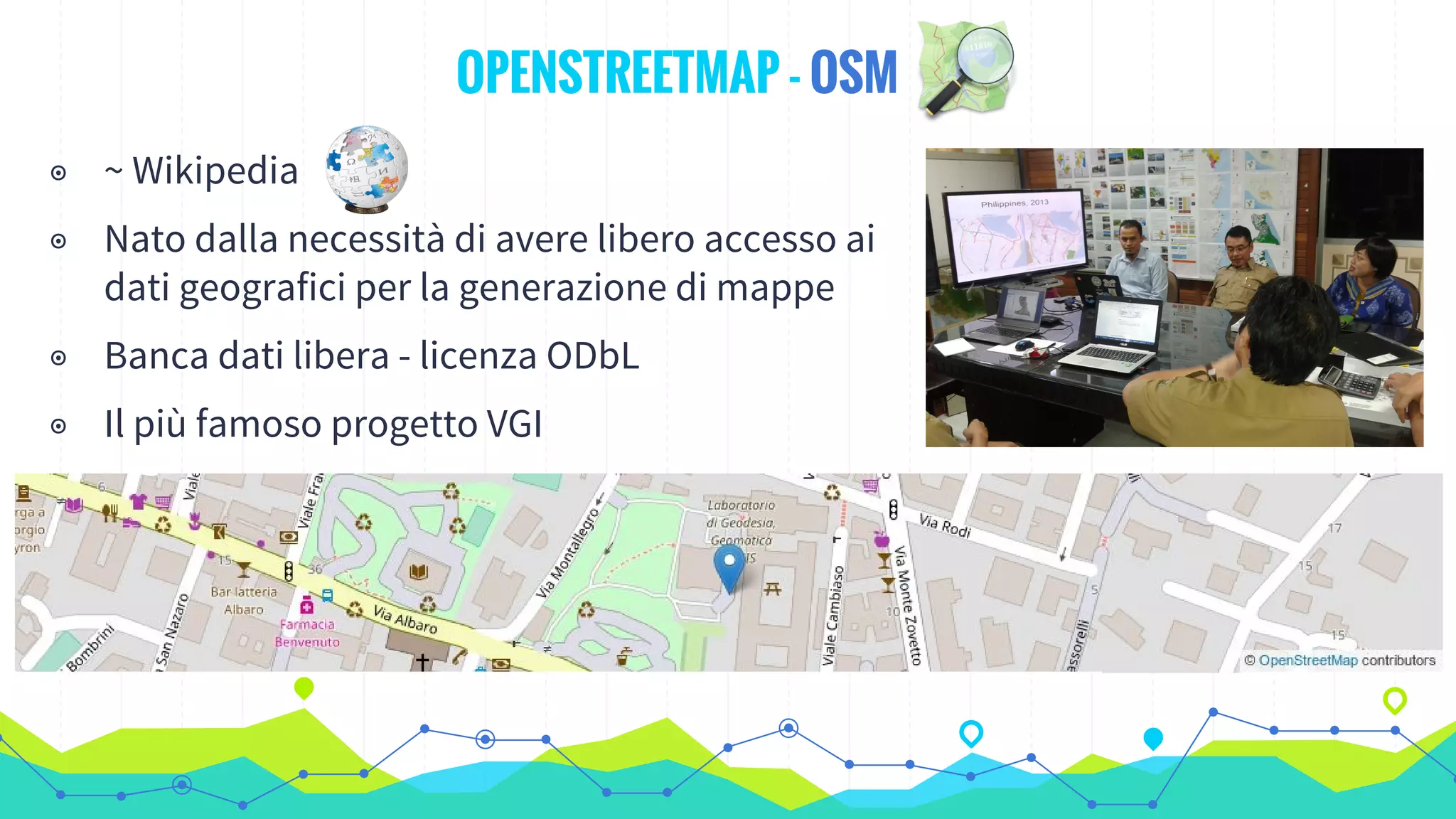 ◉ ~ Wikipedia
◉ Nato dalla necessità di avere libero accesso ai
dati geografici per la generazione di mappe
◉ Banca dati libera - licenza ODbL
◉ Il più famoso progetto VGI
OPENSTREETMAP - OSM
 