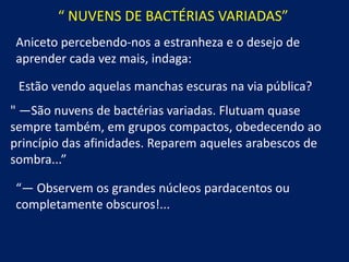 “ NUVENS DE BACTÉRIAS VARIADAS”
Aniceto percebendo-nos a estranheza e o desejo de
aprender cada vez mais, indaga:

Estão vendo aquelas manchas escuras na via pública?
" —São nuvens de bactérias variadas. Flutuam quase
sempre também, em grupos compactos, obedecendo ao
princípio das afinidades. Reparem aqueles arabescos de
sombra...”
“— Observem os grandes núcleos pardacentos ou
completamente obscuros!...

 