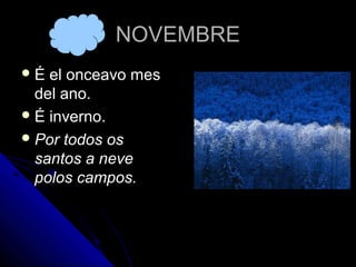 NOVEMBRE
É  el onceavo mes
  del ano.
 É inverno.
 Por todos os
  santos a neve
  polos campos.
 