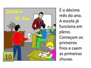 É o décimo
mês do ano.
A escola já
funciona em
pleno.
Começam os
primeiros
frios e caem
as primeiras
chuvas.

 