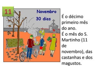 É o décimo
primeiro mês
do ano.
É o mês do S.
Martinho (11
de
novembro), das
castanhas e dos
magustos.

 