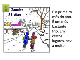 É o primeiro
mês do ano.
É um mês
bastante
frio. Em
certos
lugares, nev
a muito.

 