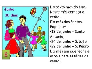 É o sexto mês do ano.
Neste mês começa o
verão.
É o mês dos Santos
Populares:
•13 de junho – Santo
António;
•24 de junho – S. João;
•29 de junho – S. Pedro.
É o mês em que fecha a
escola para as férias de
verão.

 