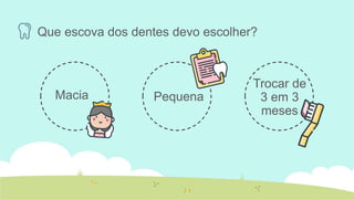 Macia
Que escova dos dentes devo escolher?
Pequena
Trocar de
3 em 3
meses
 