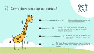 01.
Começa por fazer “rodinhas” na parte de
fora dos dentes, de uma ponta à outra,
em cima e em baixo.
02.
A seguir, na parte superior faz
movimentos “vaivém” como um
comboio.
03.
Coloca pasta dos dentes na tua
escova e cerra os dentes.
04.
Na parte de dentro dos dentes, faz movimentos
de dentro para fora, como se estivesses a
varrer.
Como devo escovar os dentes?
 