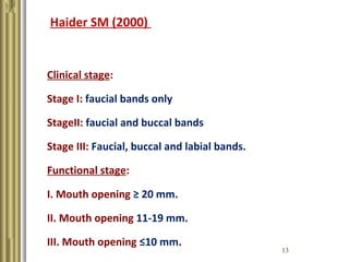 13
Haider SM (2000)
Clinical stage:
Stage I: faucial bands only
StageII: faucial and buccal bands
Stage III: Faucial, bucc...