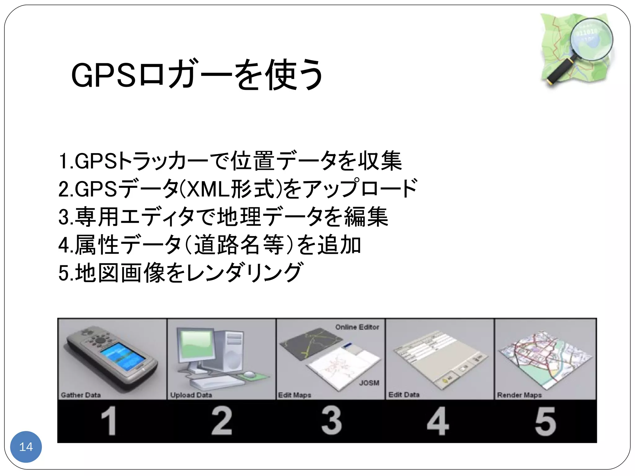 GPSロガーを使う

     1.GPSトラッカーで位置データを収集
     2.GPSデータ(XML形式)をアップロード
     3.専用エディタで地理データを編集
     4.属性データ（道路名等）を追加
     5.地図画像をレンダリング




14
 