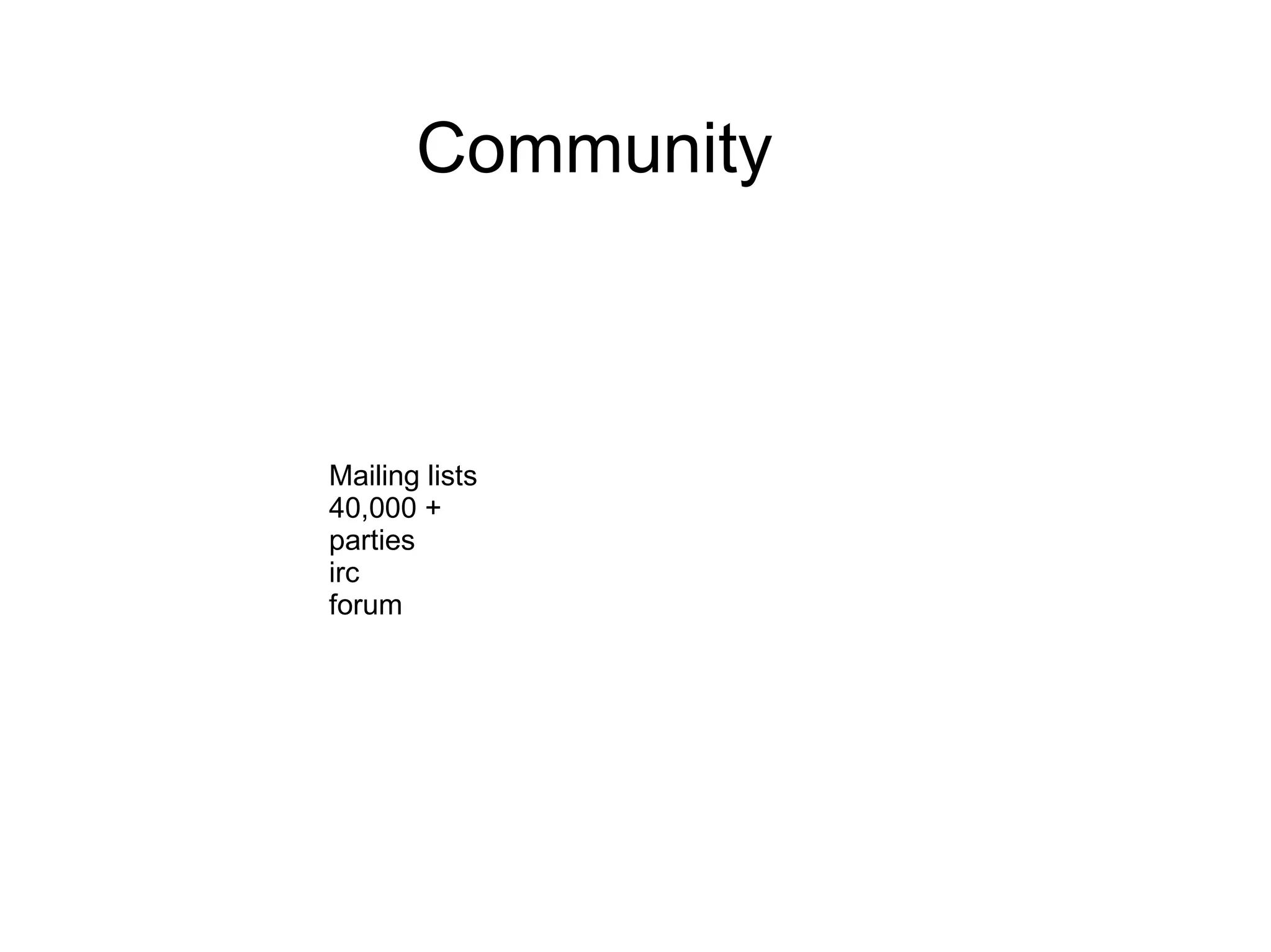 Community Mailing lists 40,000 + parties irc forum 
