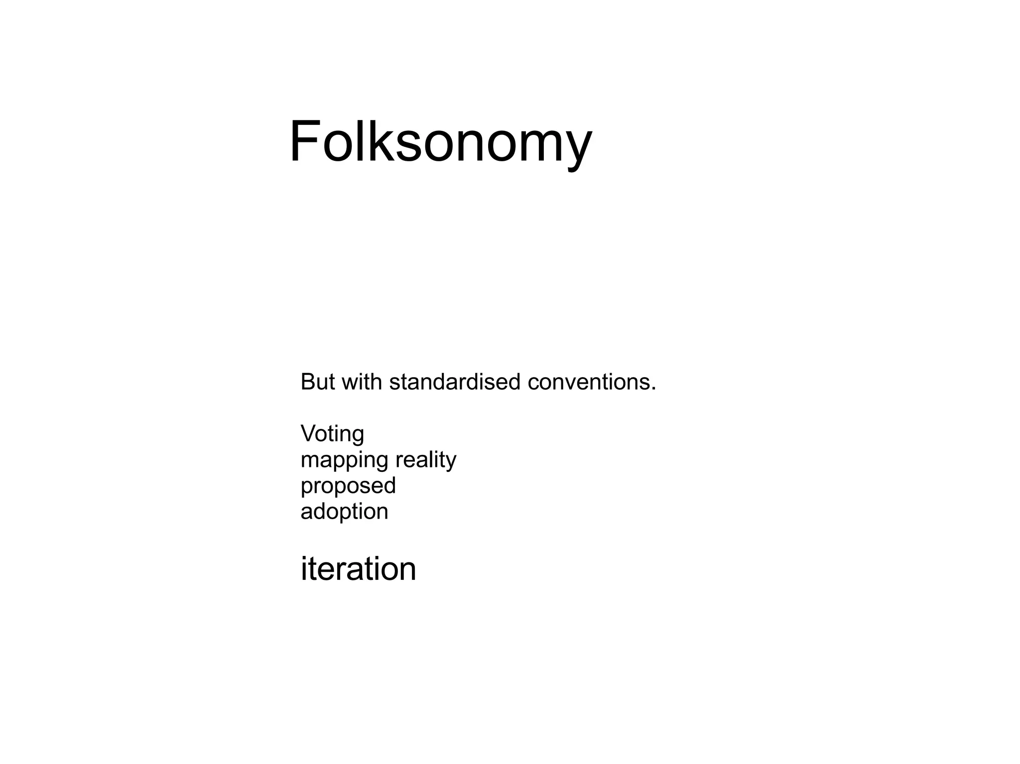 Folksonomy But with standardised conventions.  Voting mapping reality proposed adoption iteration 
