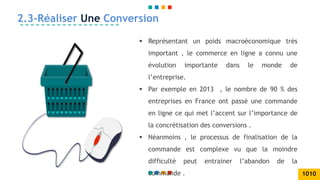 2.3-Réaliser Une Conversion
 Représentant un poids macroéconomique très
important , le commerce en ligne a connu une
évolution importante dans le monde de
l’entreprise.
 Par exemple en 2013 , le nombre de 90 % des
entreprises en France ont passé une commande
en ligne ce qui met l’accent sur l’importance de
la concrétisation des conversions .
 Néanmoins , le processus de finalisation de la
commande est complexe vu que la moindre
difficulté peut entrainer l’abandon de la
commande . 1010
 