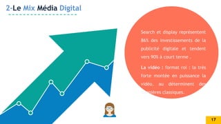 2-Le Mix Média Digital
Search et display représentent
86% des investissements de la
publicité digitale et tendent
vers 90% à court terme .
La vidéo : format roi : la très
forte montée en puissance la
vidéo, au déterminent des
bannières classiques.
17
 