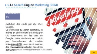évolution des couts par clic chez
Google :
La croissance du search est stable, et
même en déclin relatif des coûts par
clic notamment sur les sites de
Google, cette évolution se traduit
par l’essouflement du modèle
historique (CPC), mais aussi masque
des croissances plus fortes dans trois
domaines :
2.1-Le Search Engine Marketing (SEM)
Perspectiv
es
 Search Local
 Search Mobile
 Les nouveaux formats(par exemple : Click to call)
20
 