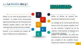 Définir et afficher de manière très
explicite la finalité de la communauté .
Offrez un vrai motif de participation à vos
membres : la vitalité d’une communauté
dépend essentiellement de l’intensité de ses
relations sociales celles-ci sont liées aux
motivations de membres et à leurs intérêts .
Le manager de la communauté doit faire
preuve d’une très grande empathie vis-à-
vis des membres. L’objectif est de les
valoriser. Il doit favoriser le dialogue et la
créativité des membres.
Donnez a vos membres les moyens de
devenir réellement vos ambassadeurs . Soignez la présentation du profil des
membres par la valorisation des profils les
plus complets et des modalités d’ajout
simples des contactes est évidement utile
3.1-Le Modèle des 5 C
C r é e r u n e
c o m m u n a u t é
31
 