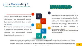 Ayez de quoi occuper les membres de la
communauté et sachez valoriser les plus
actifs par la mise a disposition des outils
diversifiés de partage, d’évaluation et
d’archivage de leurs contenus et
conversations favoris.
Ecoutez, écoutez et écoutez encore votre
communauté : une des clés de la réussite
d’une communauté réside dans un suivi
très attentif.
Affichez les règles de fonctionnement de
la communauté .
Favorisez les connexions dans la vraie vie :
la proposition d’événements sociaux IRL
dynamise une communauté virtuelle
(organization des rencontres …)
Commencez petit, mais prévoyez grand : aujourd’hui il est possible d’acquérir une communauté par les
moyens publicitaires proposées sur les réseaux sociaux, son développement en continue passe par des
3.1-Le Modèle des 5 C
C r é e r u n e
c o m m u n a u t é
32
 
